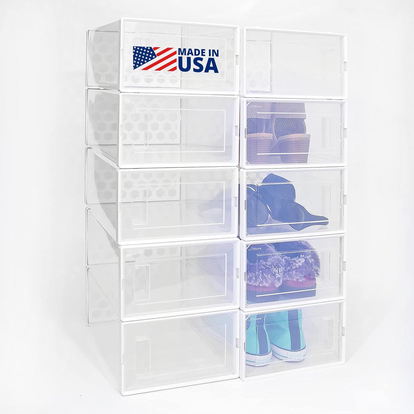 10 Stackable Shoe Organizer Bins - Clear, Dust-Free Storage Solution, Easy Assembly, Made in USA