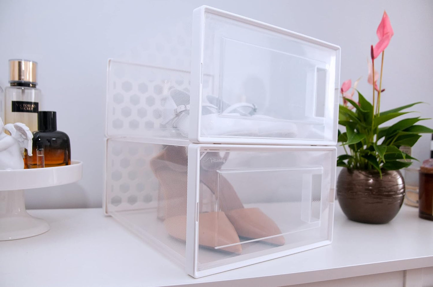 10 Stackable Shoe Organizer Bins - Clear, Dust-Free Storage Solution, Easy Assembly, Made in USA