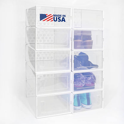 12 Stackable Shoe Organizer Bins - Clear, Dust-Free Storage Solution, Easy Assembly, Made in USA