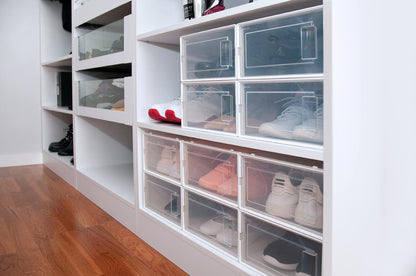 12 Stackable Shoe Organizer Bins - Clear, Dust-Free Storage Solution, Easy Assembly, Made in USA