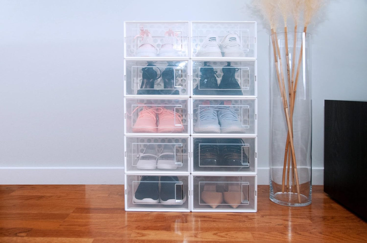 12 Stackable Shoe Organizer Bins - Clear, Dust-Free Storage Solution, Easy Assembly, Made in USA